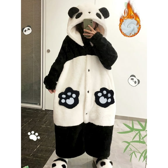 Soft Plush Robes for Women Winter Warm Fluffy Hooded Bathrobe with Pockets, Kawaii Cartoon Panda Style Button Up Womens Robe, Night Gown For Women, Cozy White Robe for Home Wear & Winter Gift