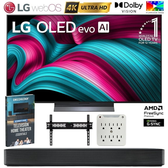 LG OLED55C5PUA 55" OLED evo 4K UHD Smart webOS TV 2025 Bundle with SKM1 2.0-Ch. Compact Soundbar, 37"-70" TV Wall Mount, 6-Outlet Surge Adapter & Deco Gear Complete Home Theater Beginner's Guidebook