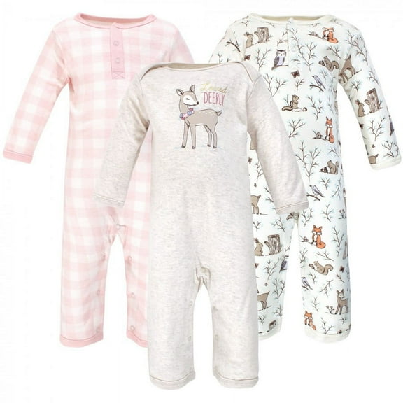 Hudson Baby Infant Girl Cotton Coveralls 3pk, Enchanted Forest, 12-18 Months