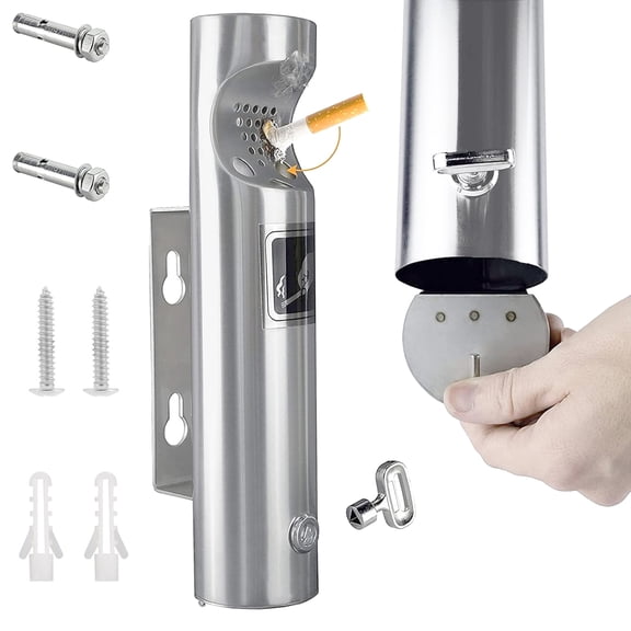 VIVIHEYDAY Outdoor Wall Mounted Cigarette Butt Receptacle - Stainless Steel Smoke Disposal Unit with Lockable Bottom Cover, Discreet Design for Hotels, Offices & Balconies (Silver)