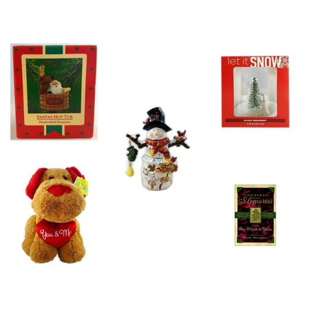 Christmas Fun Gift Bundle [5 Piece] - Hallmark  Tree Ornament Santa's Hot Tub - Let It Snow Glass Ornament Deer - Snowman Tealight Cover - Love is…You & Me  Dog 13
