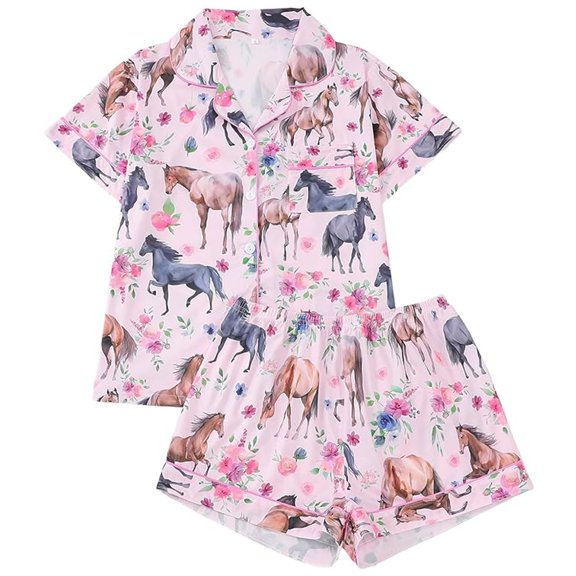 FASHOFT Button up Pajamas For Women Set 2 Piece Summer Cute Animal Print Pjs Sets Lounge Matching Button Shirt with Shorts Sleepwear Pink L