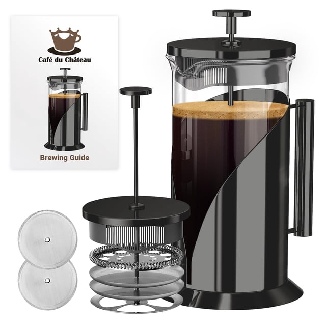 Cafe Du Chateau Cafetera de prensa francesa de acero inoxidable – Cafetera de prensa de café versátil de 34 oz con filtración de 4 niveles, sin BPA, prensa francesa de acero inoxidable