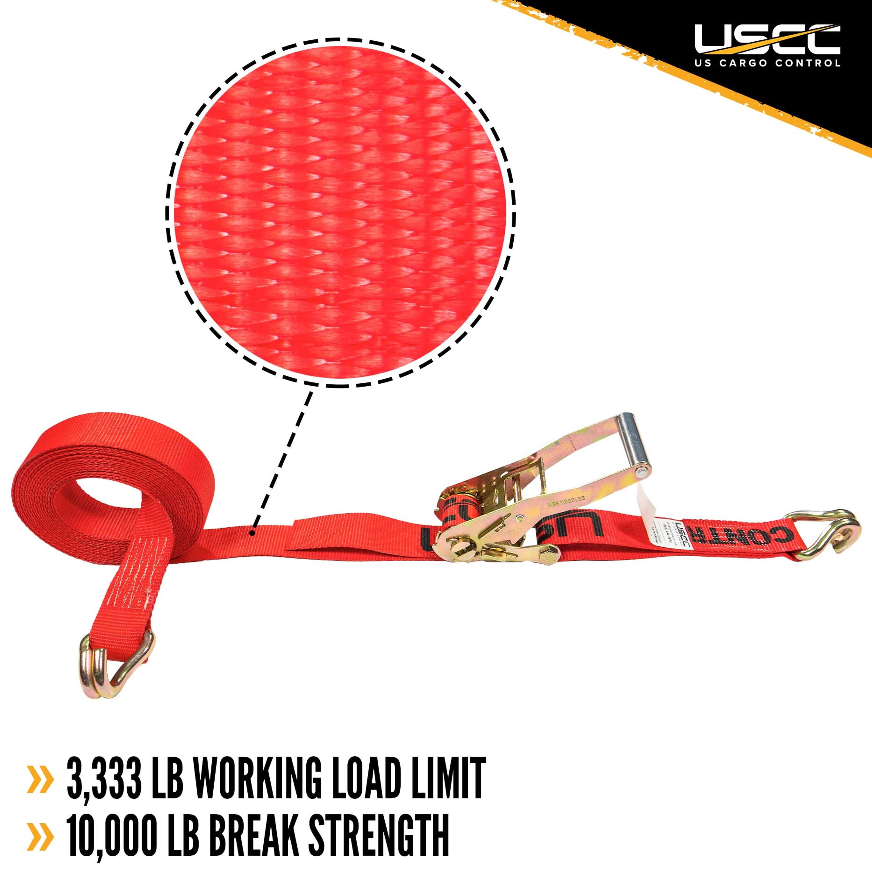 US Cargo Control, Wire Hook Ratchet Strap, 2 Inch Wide X 30 Foot Long, Red Ratchet Strap, 2 Inch Ratchet Strap, Wide Handle Ratchet, Ratchet Strap With Wire J Hooks, Dependable Tiedown Strap