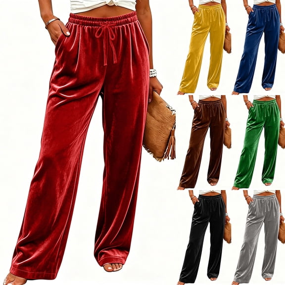Women's Soft Velour Wide Leg Pants Drawstring Elastic Waist Loose Palazzo Trousers with Pockets Casual Party Loungewear Trousers Yellow