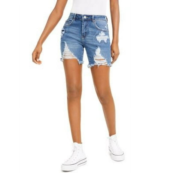 Almost Famous Juniors' Ripped Raw-Hem Denim Bermuda Shorts