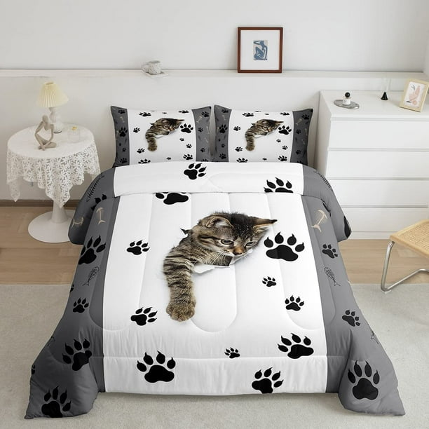 Kids Cat Comforter Set Queen,3D Cute Kawaii Cat Bedding Set Lovely