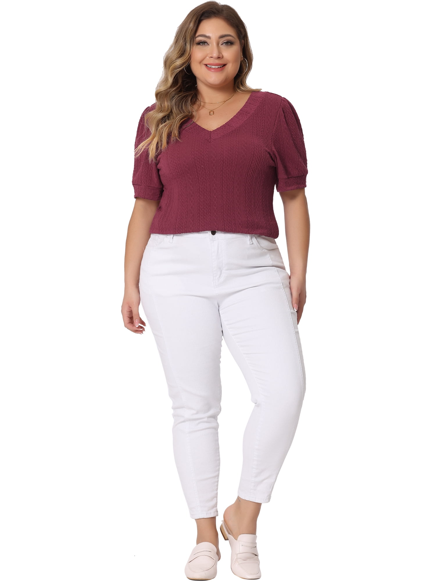 DARING DIVA Women's Plus Tops V Neck Pullover Knitted Casual Blouses 1X Burgundy