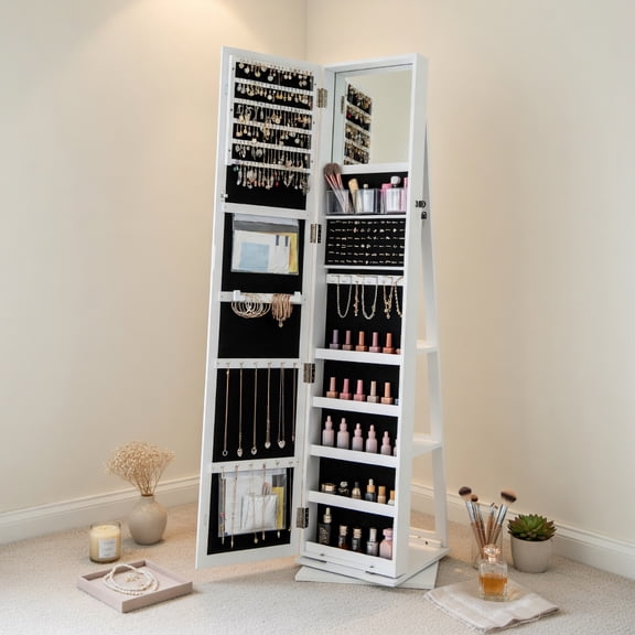 Resenkos 360° Swivel Jewelry Armoire - Full-Length Mirror, Back Shelves, Standing Organizer - White