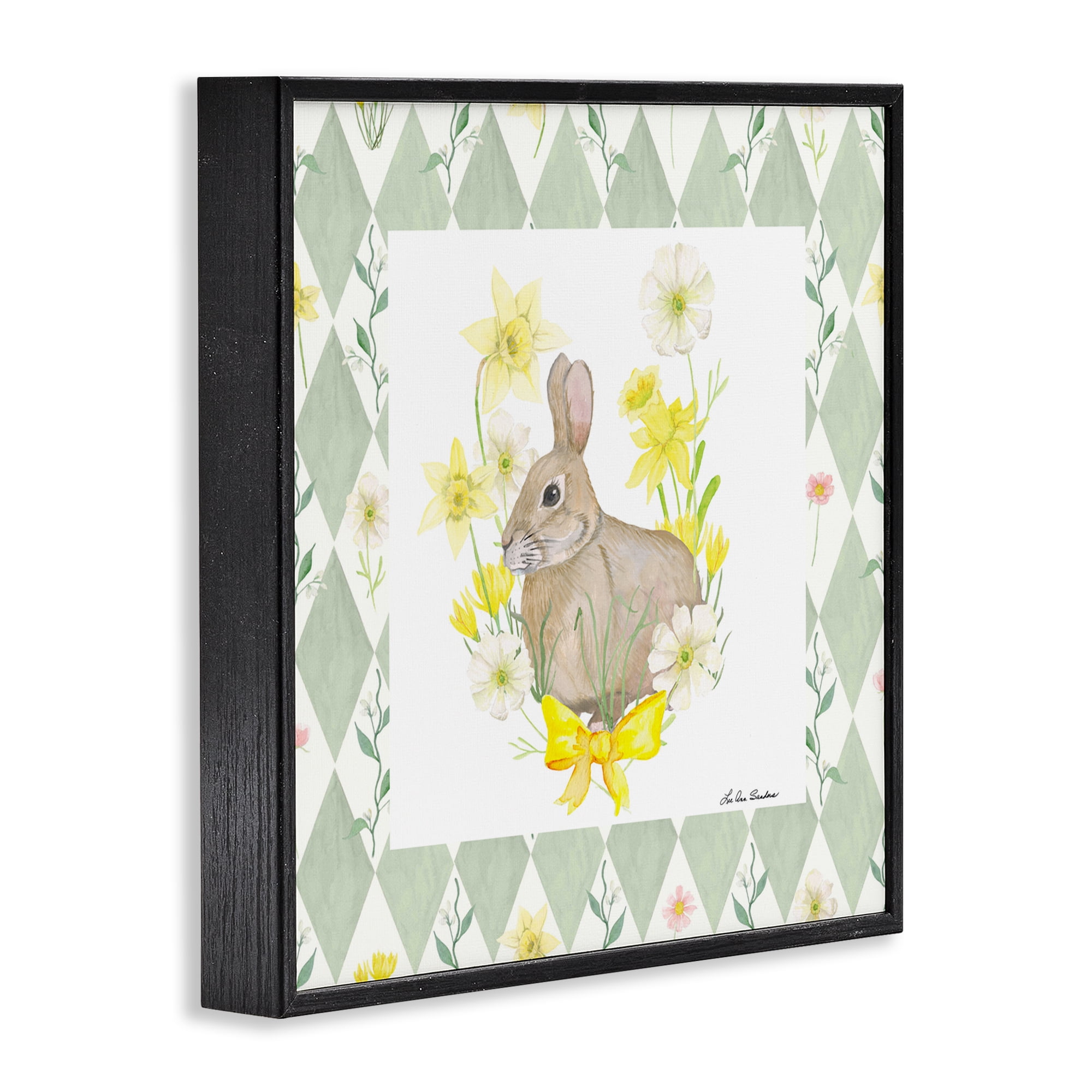 Mother Bunny on Green Argyle Black Framed Giclee Art, design by Lee Ann Sanders