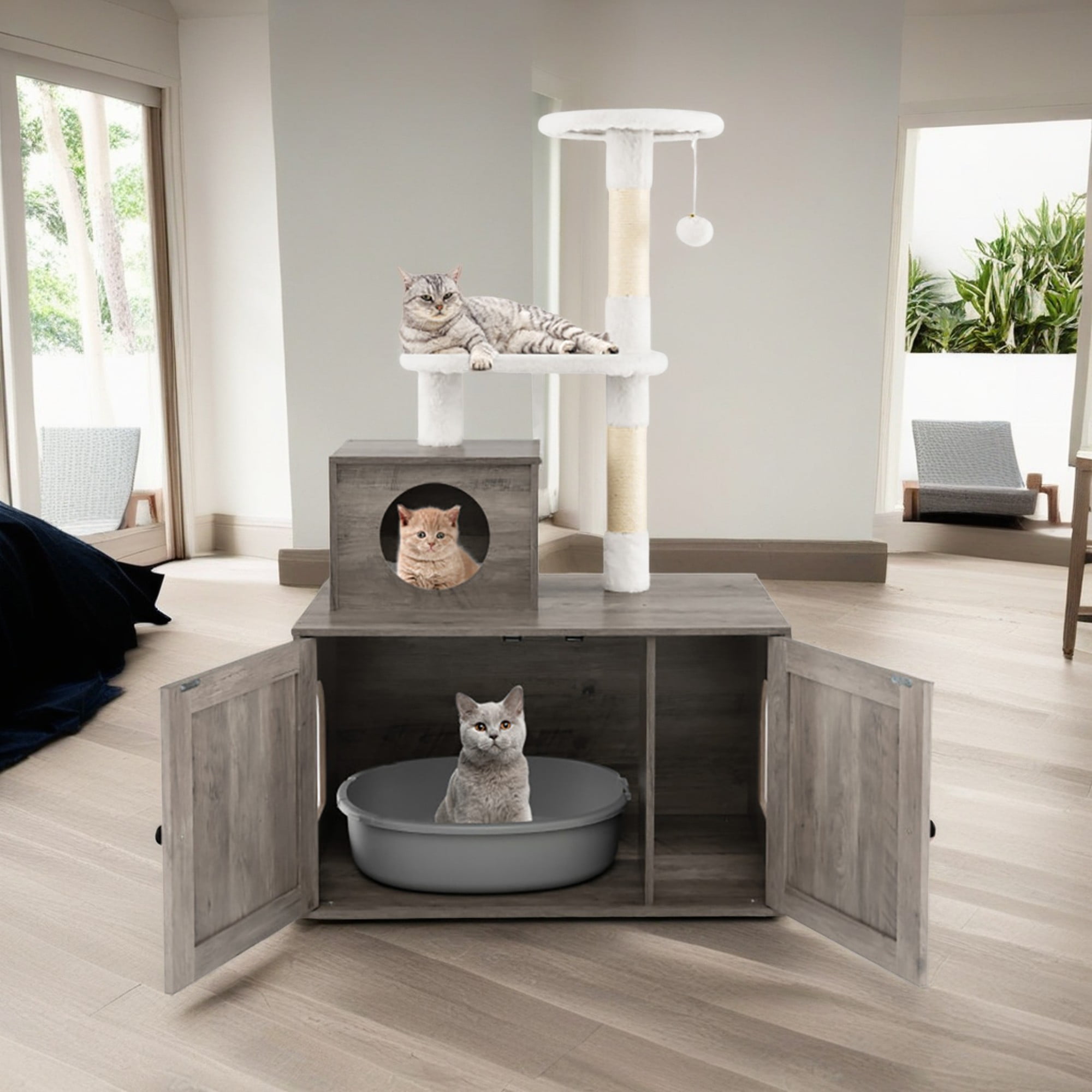 resenkos 52" Cat Tree Tower with Litter Box Enclosure, 2-in-1 Modern Cat Tower, Cat Condo with Scratching Posts, Pompom Ball, Gray