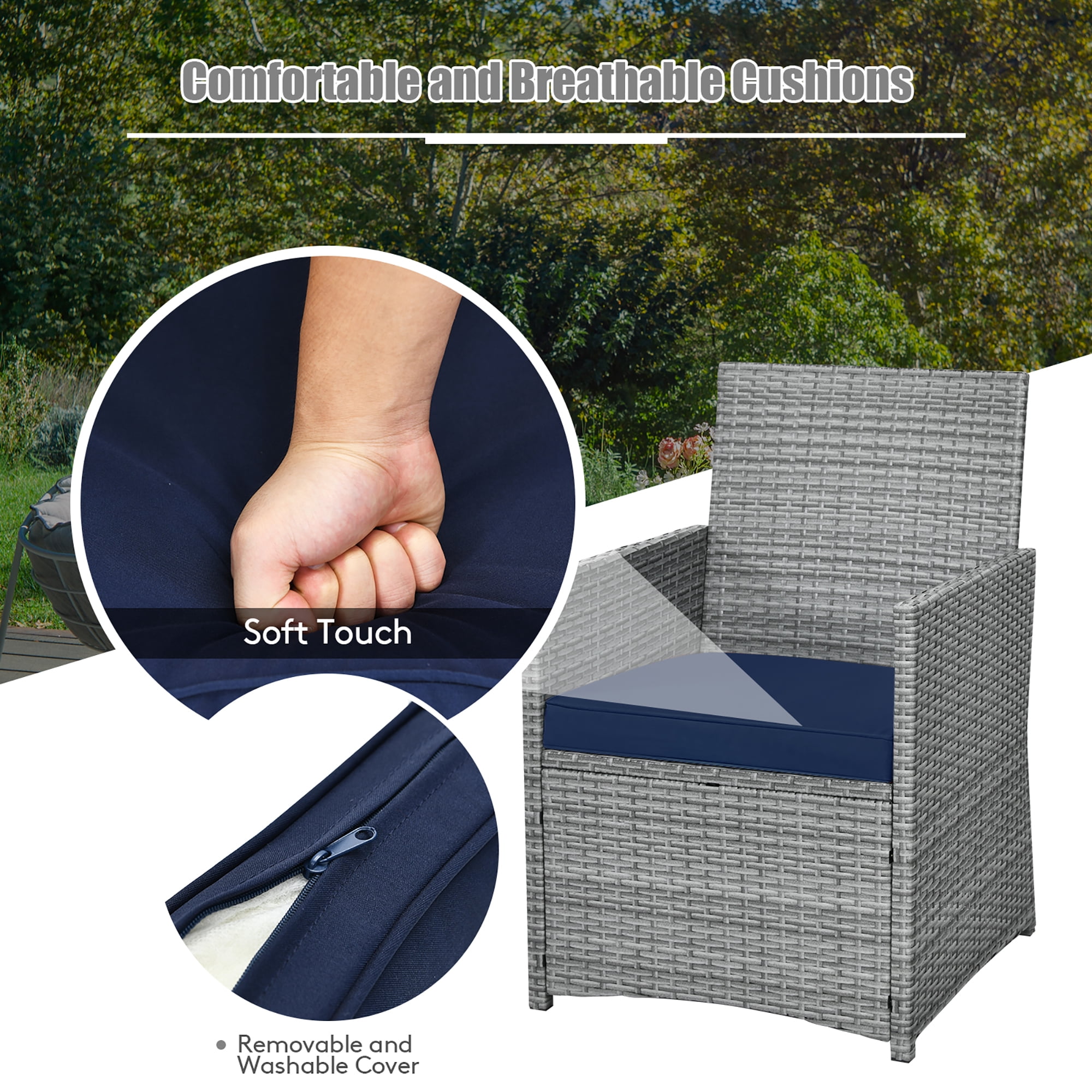 Costway 3PCS Patio Rattan Furniture Set Cushioned Sofa Armrest  Garden Navy