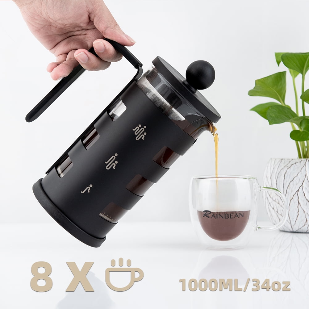 Private Jungle Stainless Steel Cafetiere 8 Cup, French Press Coffee Maker Easy Cleaning Cafeteria, Double Walled Heat Resistant Borosilicate Glass, 1000ml /34 oz, Black