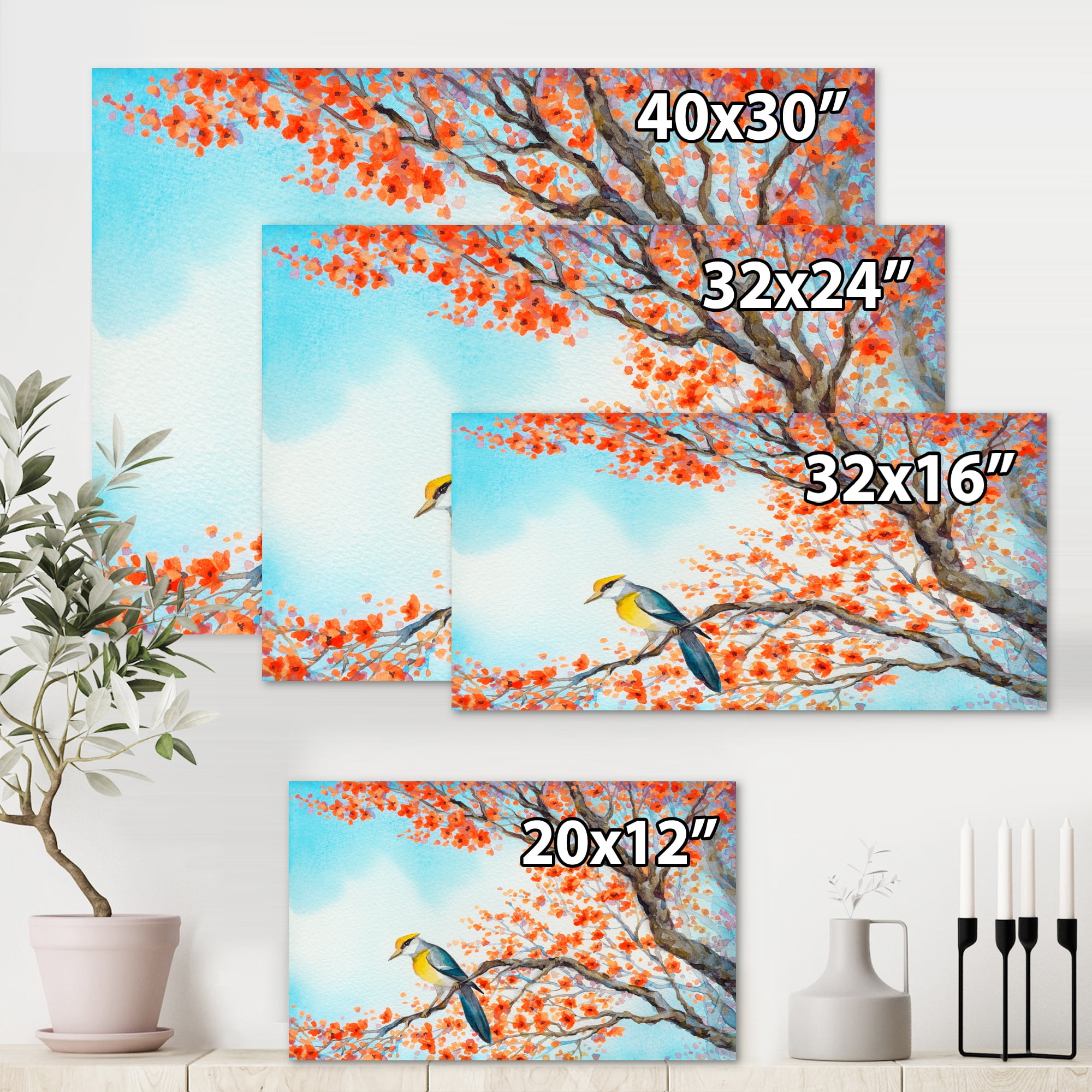 Designart ' Beautiful Orange Bird Sitting On Flowering Branch ' Traditional Canvas Wall Art Print
