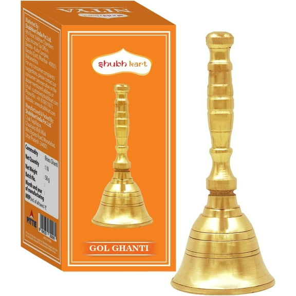 Shubhkart Solid Brass Hand Held Gol Ghanti Bell for Puja, Small