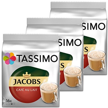 Tassimo Jacobs Café Au Lait 3-Pack, Coffee Capsules, Milk Coffee, Roasted Ground Coffee, 48 T-Discs/Servings