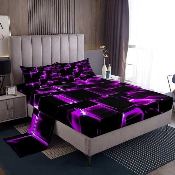 Erosebridal Futuristic Cubes Sheet Set Twin,Neon Purple Bedding Sets Twin Size,Super Cozy Bed Sheets Twin,Geometric Room Decorative,3pcs