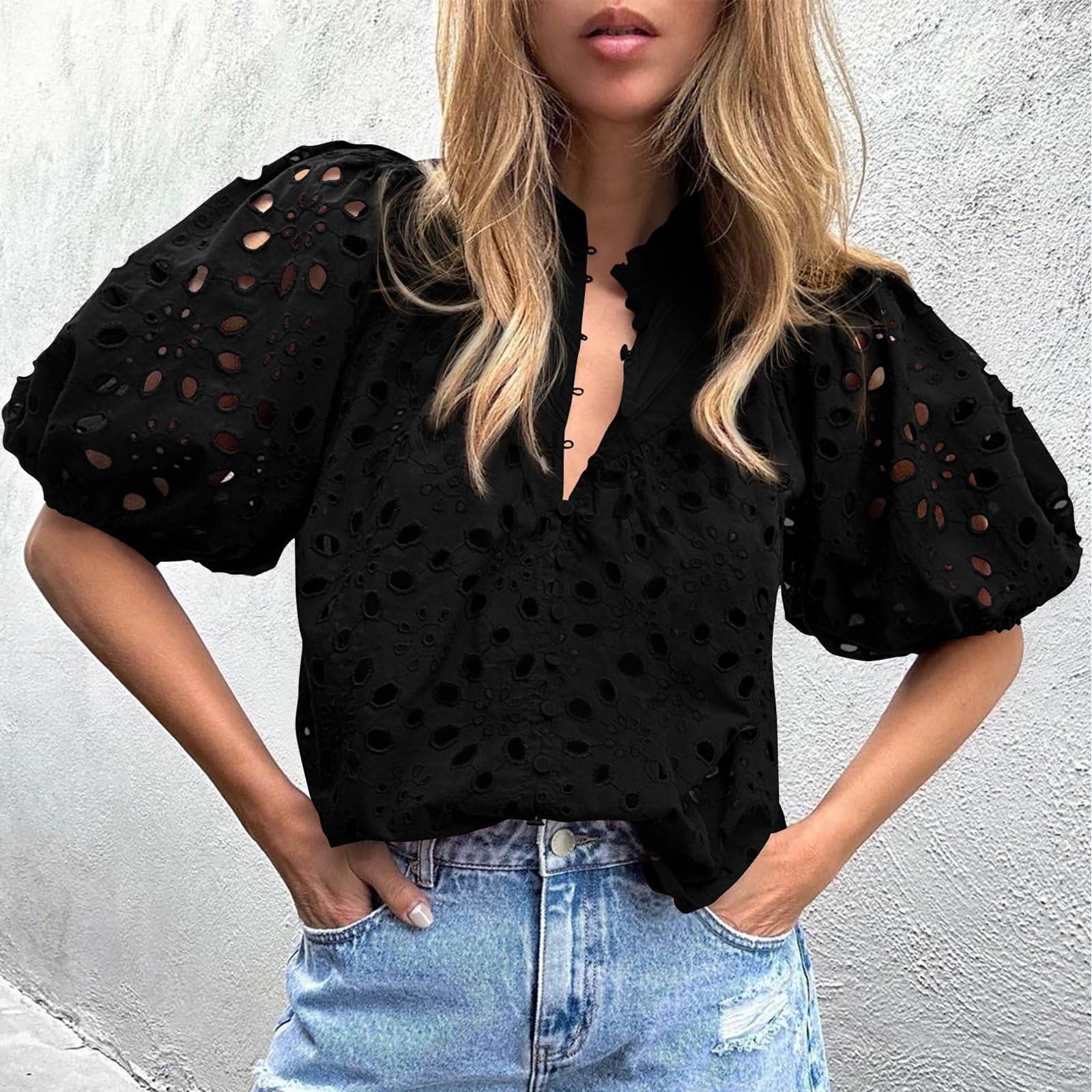 Knosfe Women's Eyelet Tops Puff Sleeve Tops Embroidered Dressy