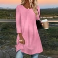 thumbnail image 2 of successthop Womens Shirts Curved Hem 3/4 Sleeve Tunic Top Long Crewneck Pullover Sweater Stripe Fall Winter Clothes Pink, 2 of 6