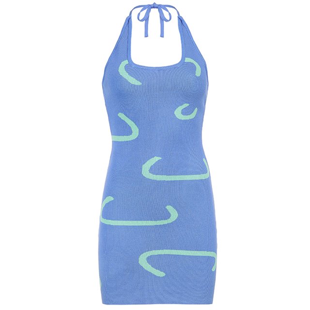 Kmbangi Halterneck Dress Summer Sleeveless Printed U-shaped Neck One-piece