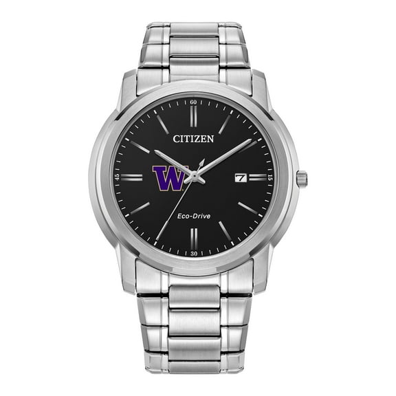 Men's Citizen Watch Silver Washington Huskies Eco-Drive Black Dial Stainless Steel Watch