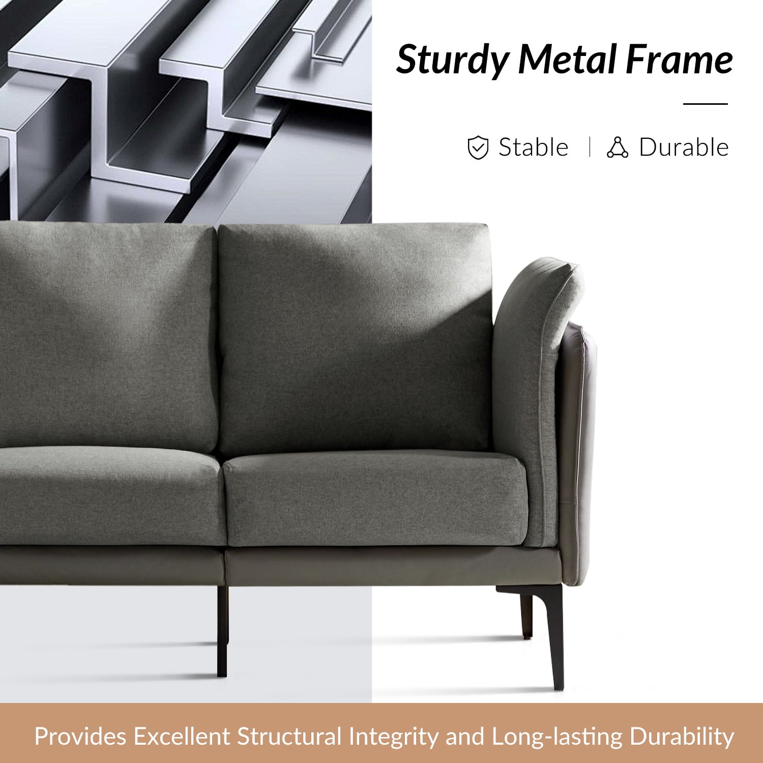 Modern Loveseat with Metal Legs Curved Arms Linen Leather Fabric Sofa for Living Room Grey