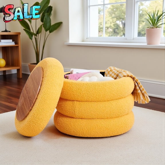 Tcbosik Upholstered Storage Ottoman in Teddy Fleece, 18.3" Round Footstool with Hidden Storage, Plush Multi-Purpose Seat, Dressing Stool, Sofa Footrest, No Assembly Needed, Yellow