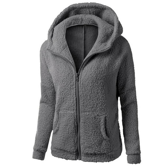 RYRJJ Plus Size Winter Jackets for Women Warm Fuzzy Full Zip up Hoodies Jackets Long Sleeve Sherpa Fleece Outerwear Coat with Pocket(Dark Gray,S)