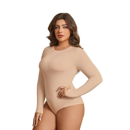 POSESHE Women s Plus Size Long Sleeve Bodysuit Slim Fit Crew Neck Tops Cotton Bodysuit for Women Beige Size L
