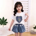 thumbnail image 2 of Pretxorve Kids Girls Outfit Set Summer Heart Short Sleeve Top with Denim Look Shorts 2 Piece Outfits 0-5Y, 2 of 4