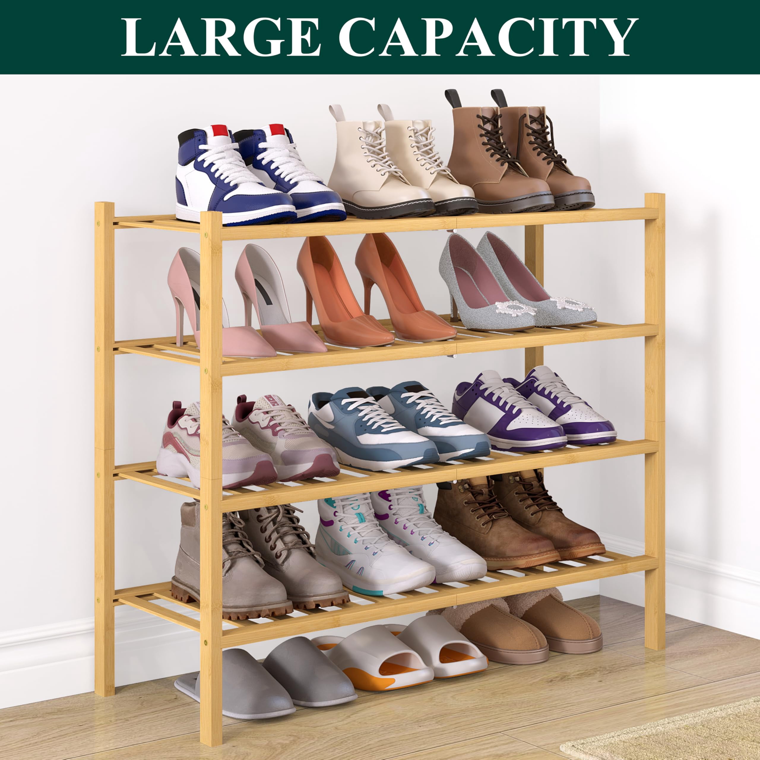 decorUhome Bamboo 4 Tier Shoe Rack for Closet, Shoe Storage Organizer, Wood Shoe Shelf for Entryway, Natural