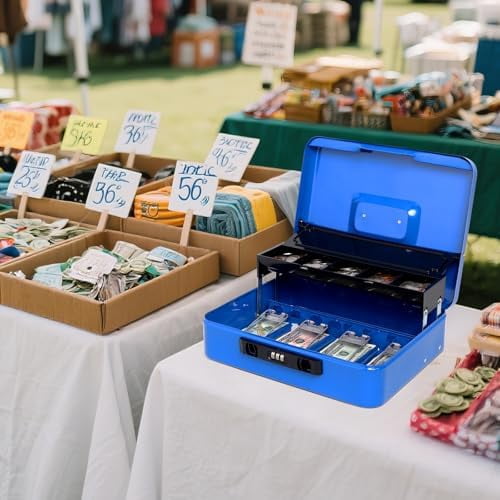 Locking Cash Box with Coin Lid, 11.8L x 9.5W x 3.5H Inches, Latch Safe Money Box with Combination Lock, Blue