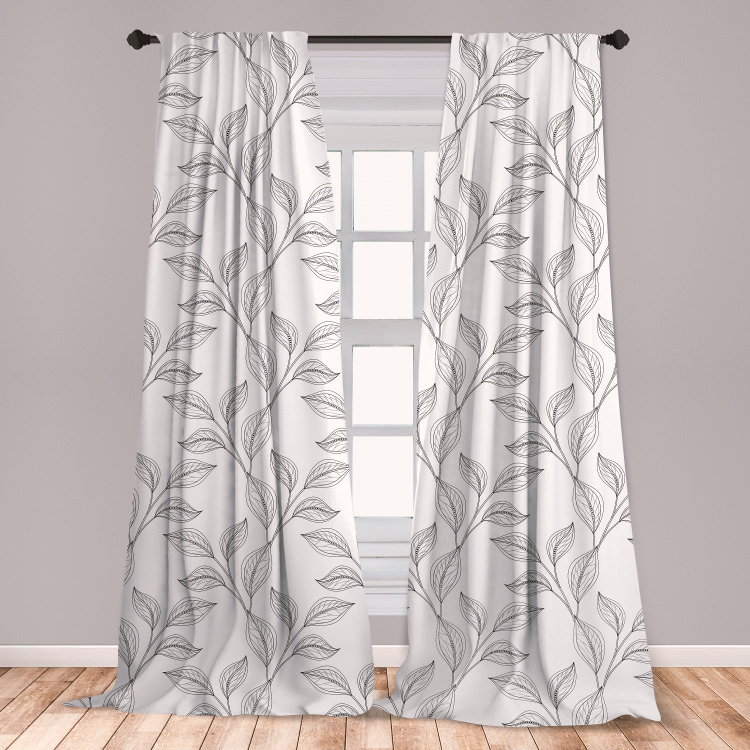 Black and White Curtains 2 Panels Set, Monochrome Garden Pattern with