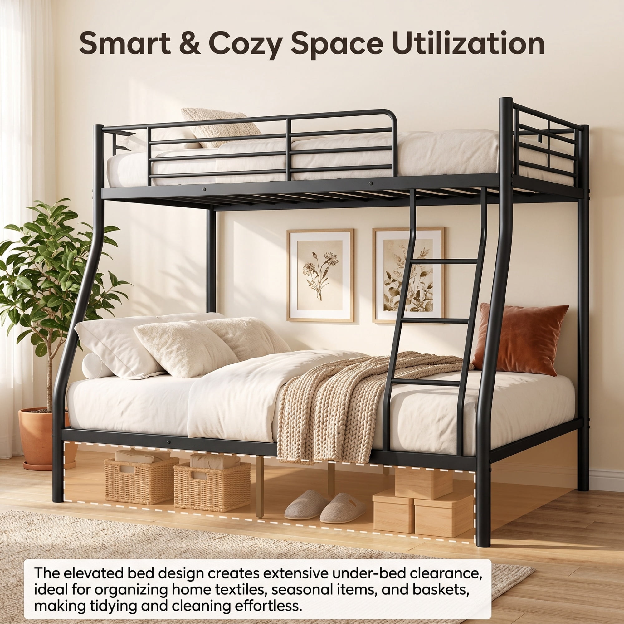 GARITIN Twin Over Full Bunk Bed and Sturdy Metal Bed Frame, Space Saving Bunk Bed with Safety Guardrails and Ladder for Teens Adults Kids and Shared Rooms, No Box Spring Needed, Black