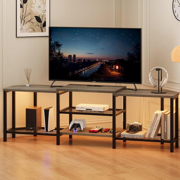 LED TV Stand for TVs Up to 75 Inch, 67 Inch Large Entertainment Center with Power Outlets, 3-Tier Open Storage Shelves, Media TV Console Table for Living Room, Bedroom