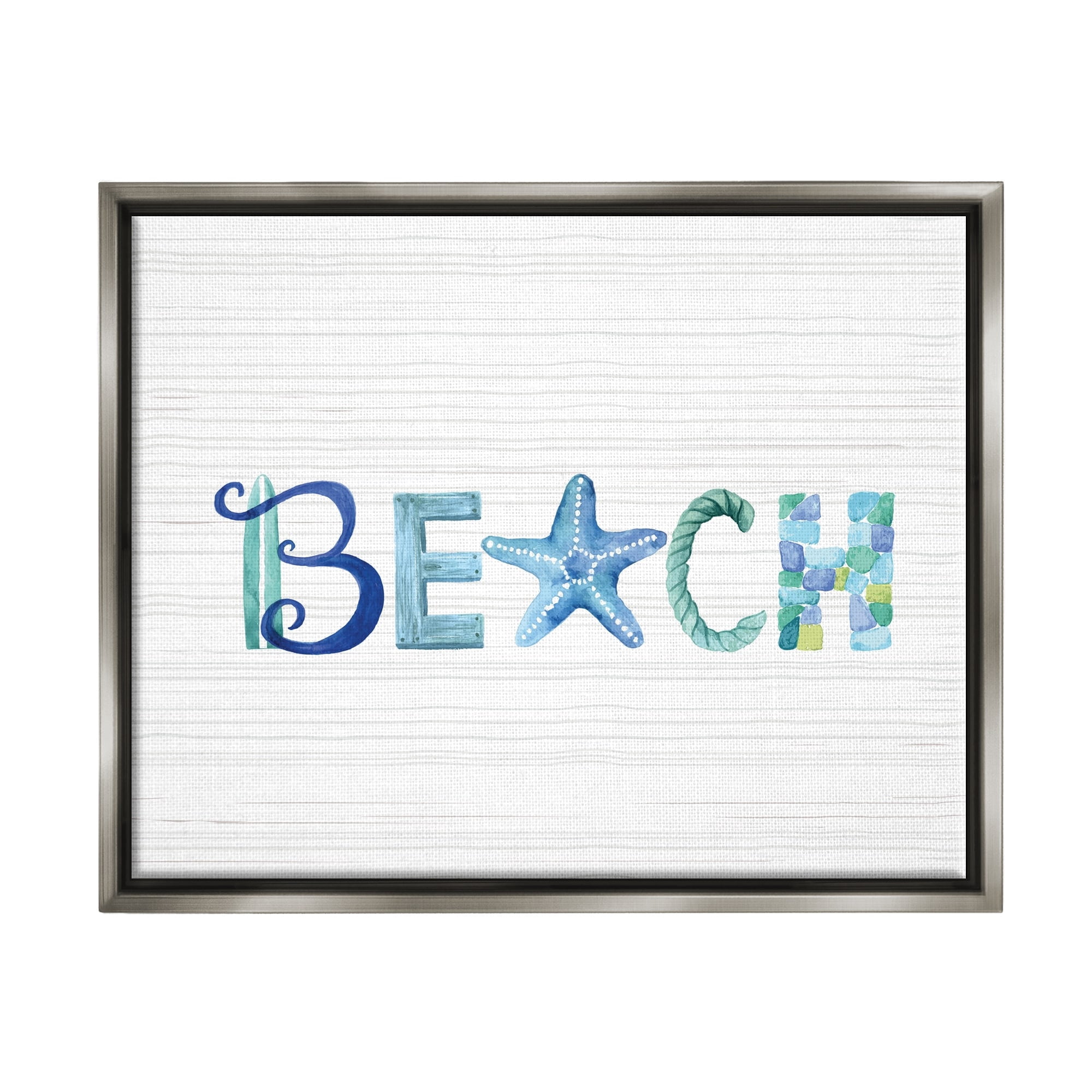 Stupell Industries Beach Letters Typography Sea Life Pebbles Rope Graphic Art Luster Gray Floating Framed Canvas Print Wall Art, Design by Sharon Lee