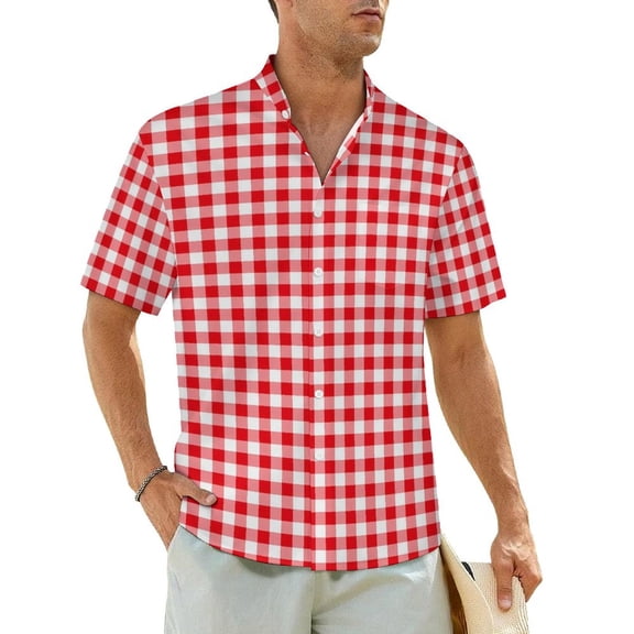 Red And White Casual Shirt Gingham Checked Retro Hawaiian Shirts Male Short Sleeve Vacati