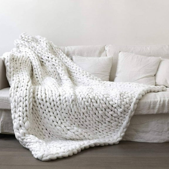 AUQ Knit Blanket,Elastic Comfy Material Knitted Throws for Beds,Easy Wash Care Chunky Knitted Blanket,White
