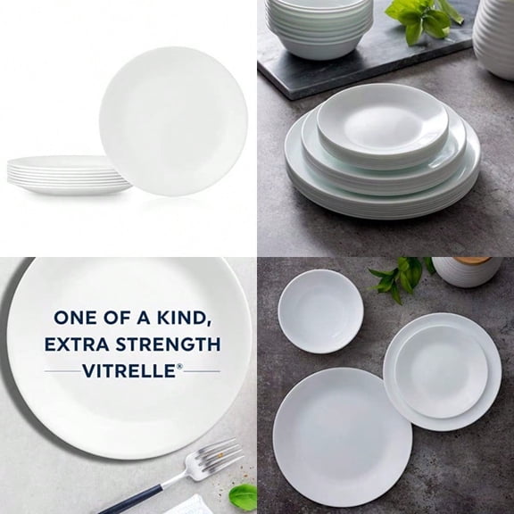 Vitrelle 8-Piece Dinner Plates Set Triple Layer Glass and Chip Resistant Lightweight Round Plates Winter Frost White