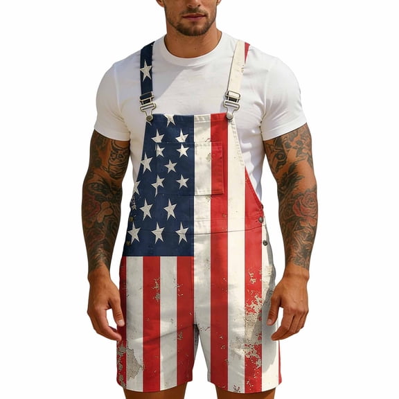 JAJAHO American Flag Overalls Mens Casual Rompers With Adjustable Straps Independence Day Celebration Bib Shorts 4Th Of July Outfit