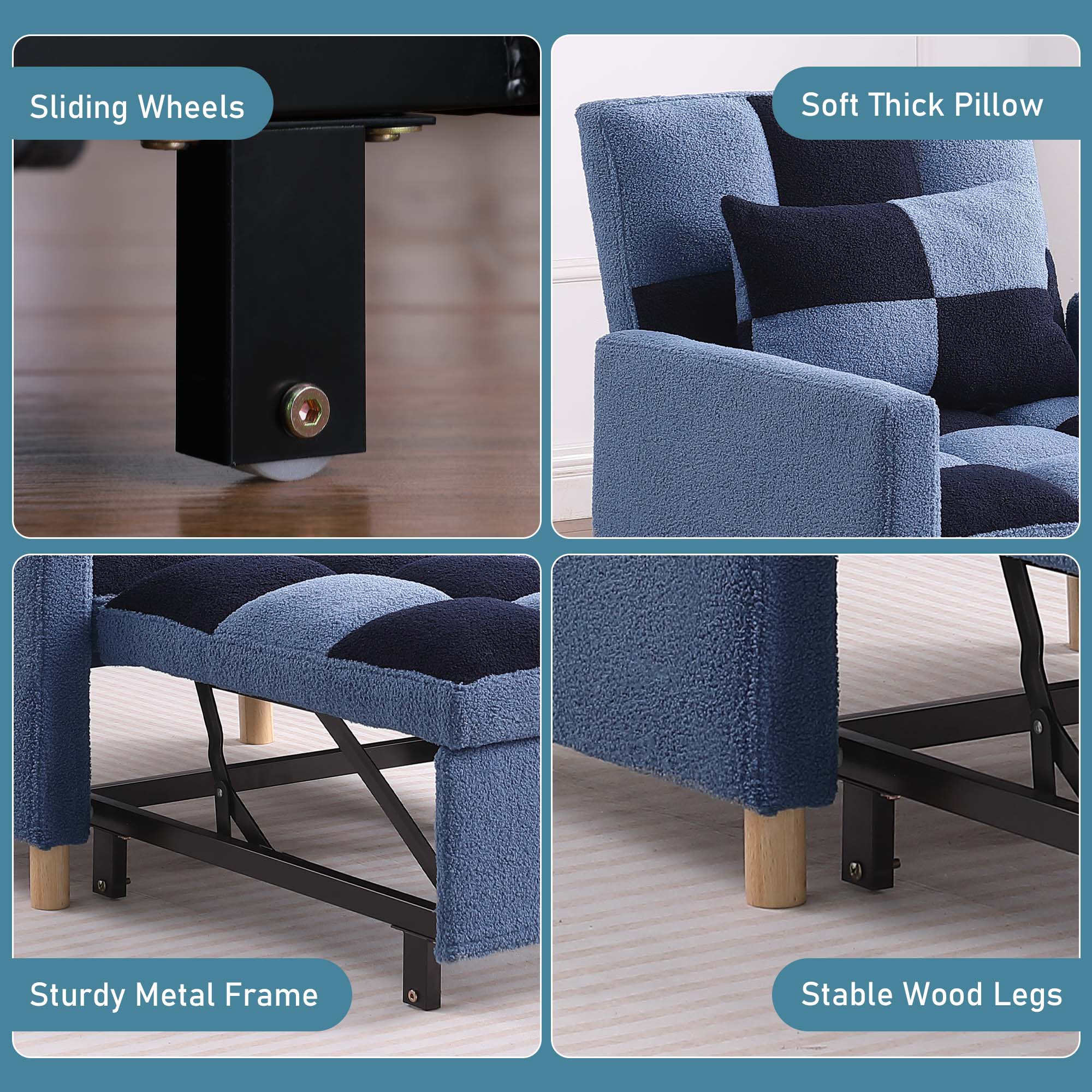 Aukfa Convertible Sleeper Chair Bed, Patchwork Pull Out Sofa Chair with Adjustable Backrest, Teddy - Blue/Navy
