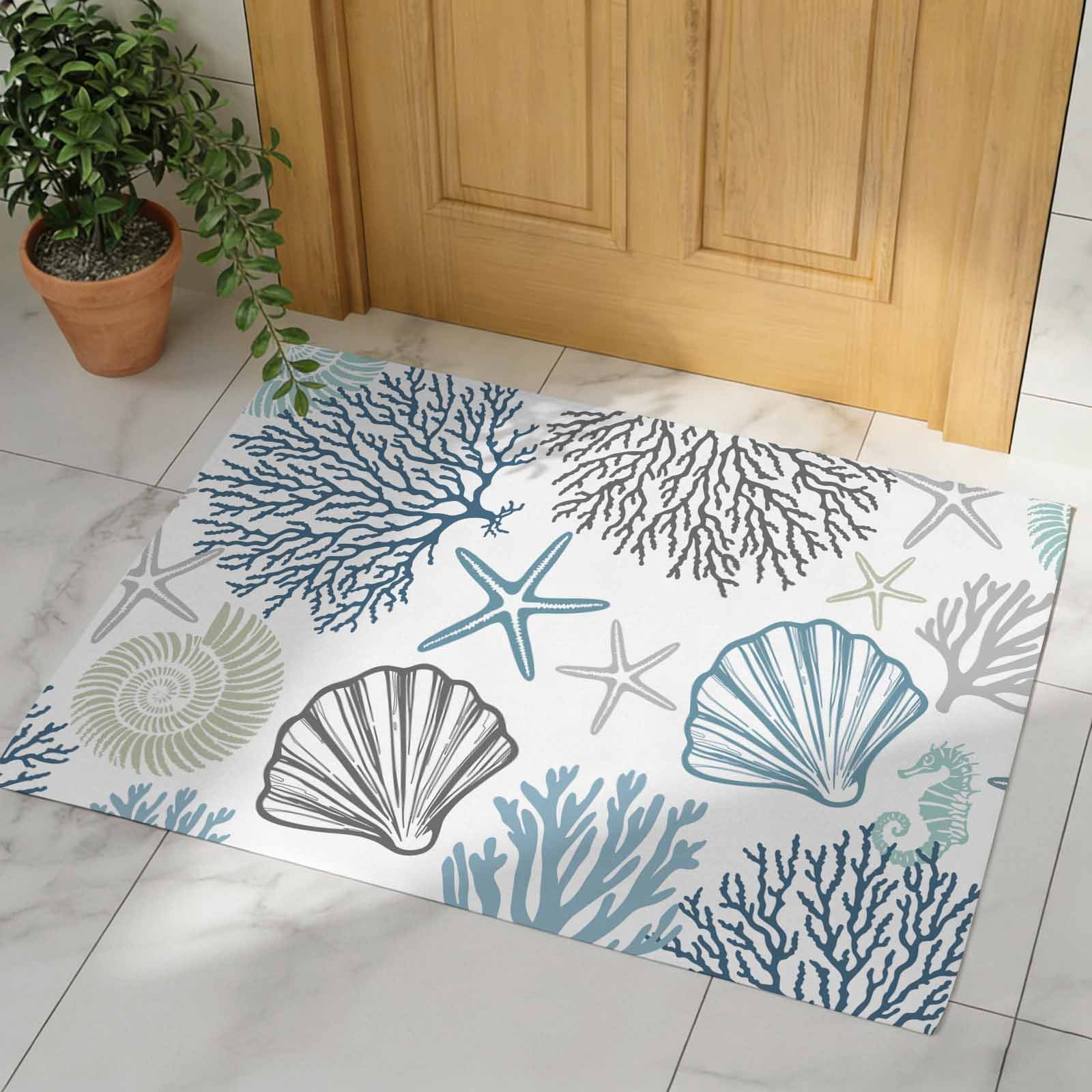 Navy Blue Teal Coastal Indoor Door Mat - 18"x30", Non-Slip Welcome Mat for Outdoor, Summer Beach Coral Shell Ocean Front Doormat for Entry, Low-Profile Doormat Entrance Rug for Kitchen/Bathroom