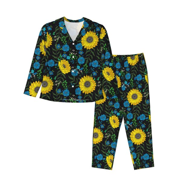 Balery Sunflowers And Blue Flower Conjunto de Pijama con Estampado para Mujer, Conjunto de Dos Piezas con Manga Larga, Ropa de Dormir Suave con Bolsillos, Pijamas Cómodos-X-Large