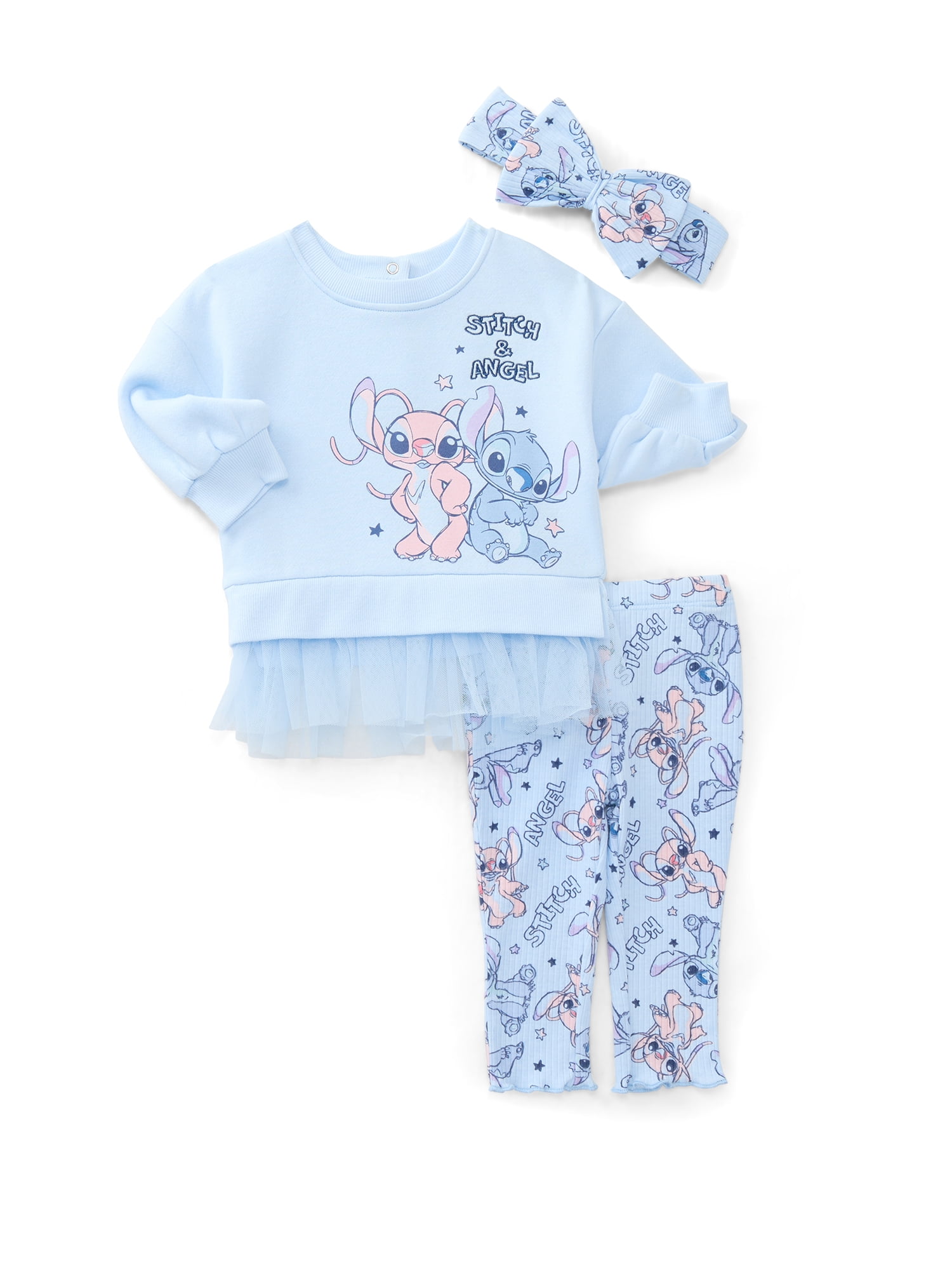 Stitch Baby Girls Graphic Tulle Sweatshirt and Printed Leggings with Bow Headband Set, 3-Piece, Sizes 0/3M-24M