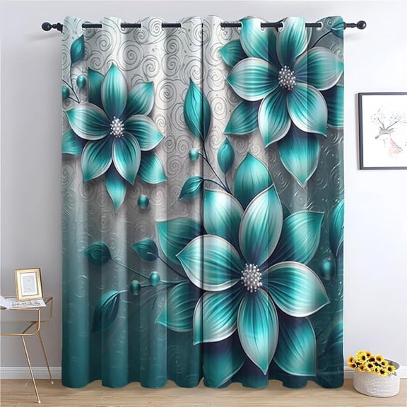 Turquoise Floral Blackout Curtains, Teal Flower Window Curtains & Bedroom Decor Modern Abstract Aesthetic Curtains For Living Room, Thermal Grommet Drapes 42"W x 84"L (Pack of 2)