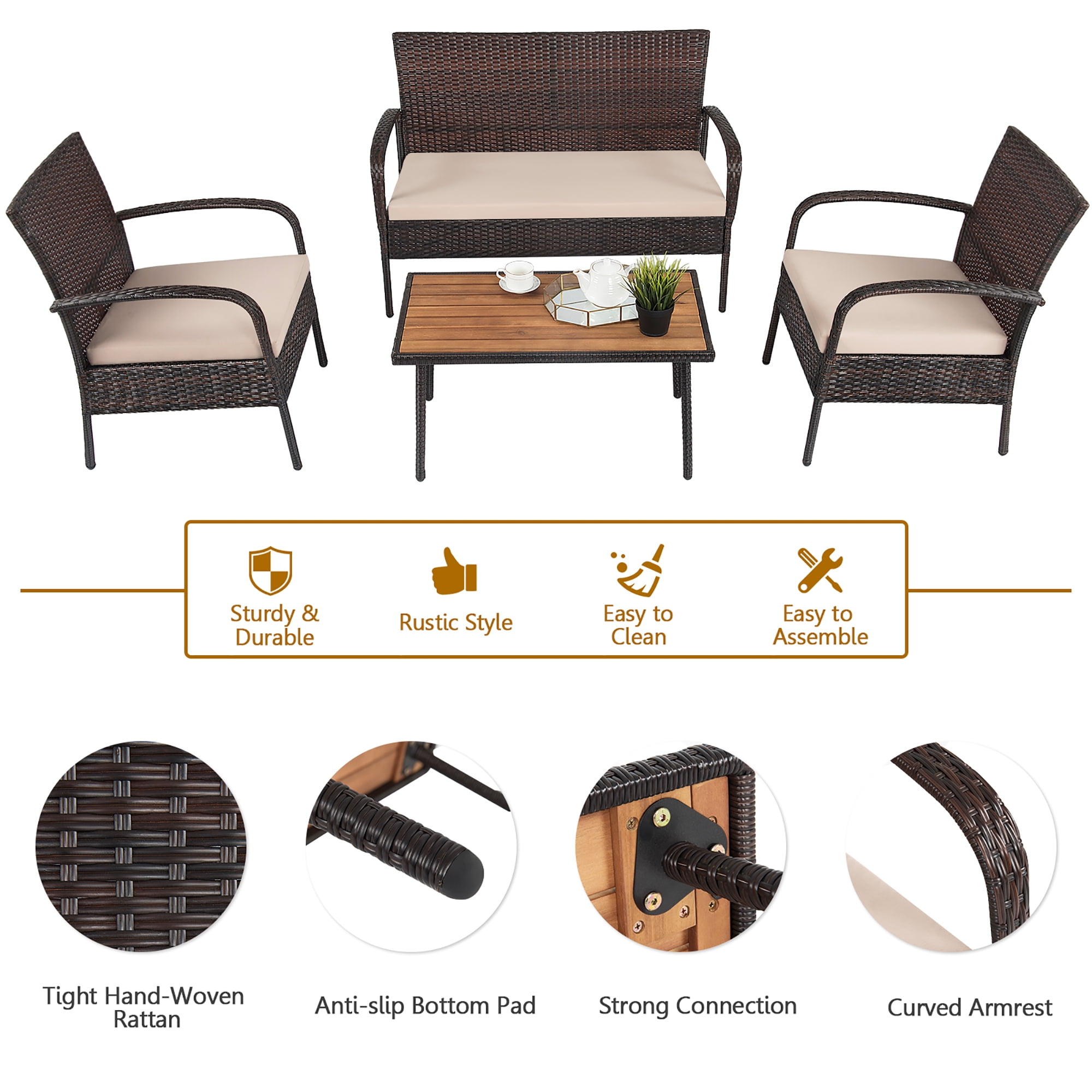Costway 4PCS Patio Rattan Furniture Set Outdoor Conversation Set Coffee Table w/Cushions