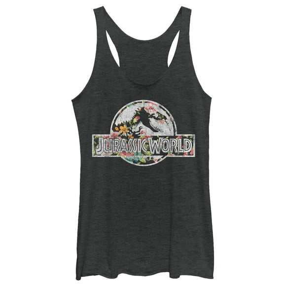 Women's Jurassic World Vintage Tropical Logo Racerback Tank Top Black Heather Small