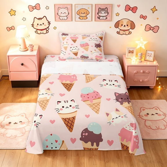 Manfei Ice Cream Cat Twin Sheets, Cartoon Love Heart Bedding, Pink, 3pcs, 1 Flat Sheet, 1 Fitted Sheet and 1 Pillowcase