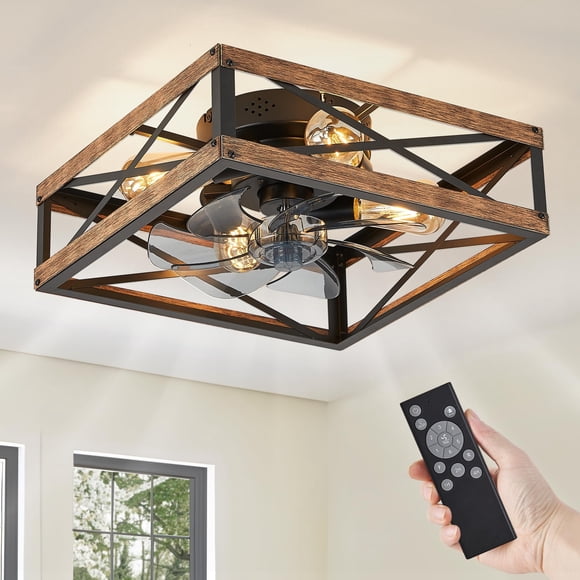 Ventilador de techo LEDIARY, rústico, cuadrado, con jaula, luz remota de 6 velocidades