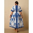 thumbnail image 2 of Blue And White Floral V-Neck Short Sleeve Wrap Maxi Dress For Women, 2 of 8